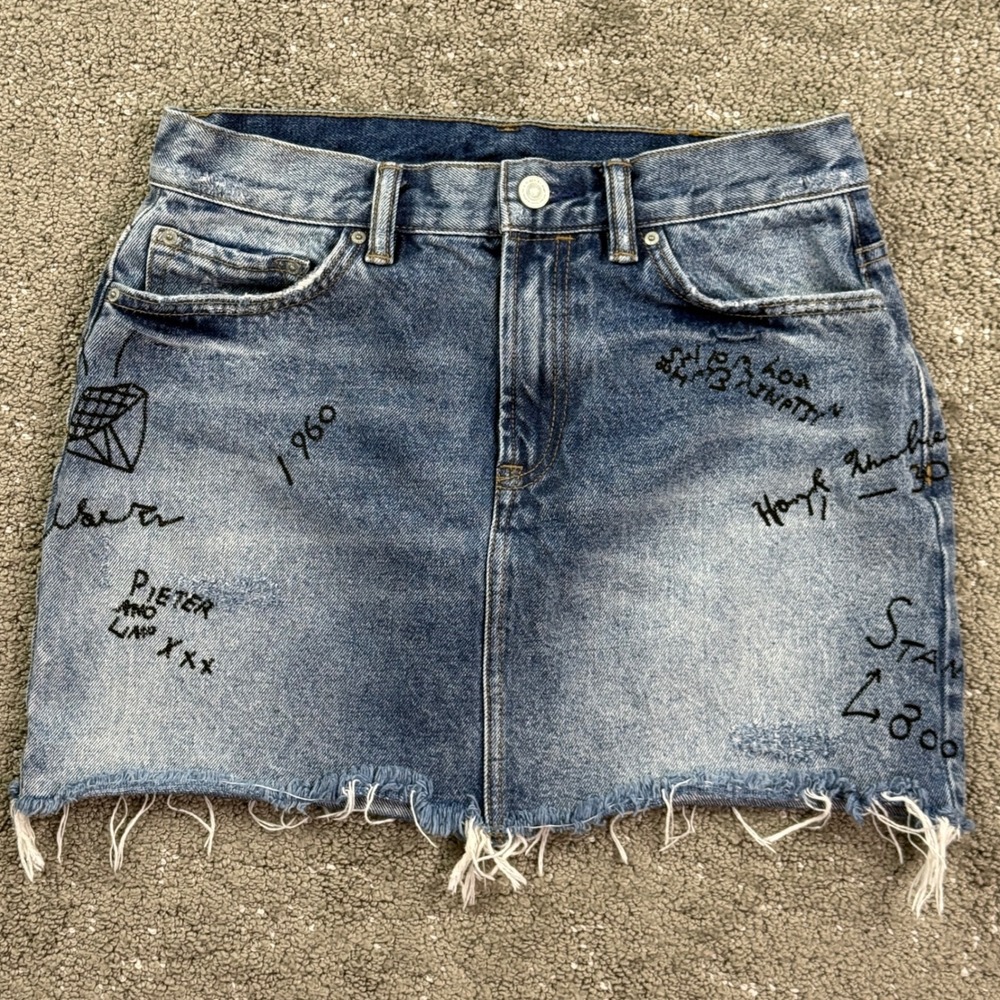 AllSaints Graff Womens US 6 Denim Mini Skirt Graffiti Distressed Raw Hem Y2K